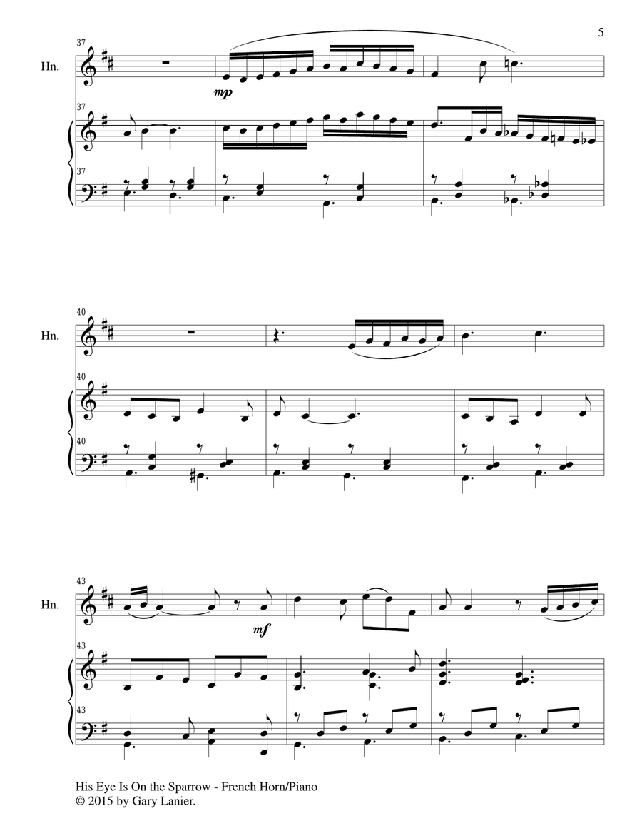 HIS EYE IS ON THE SPARROW (Duet – French Horn and Piano/Score and Parts) by Charles H. Gabriel Brass Duet - Digital Sheet Music page 6