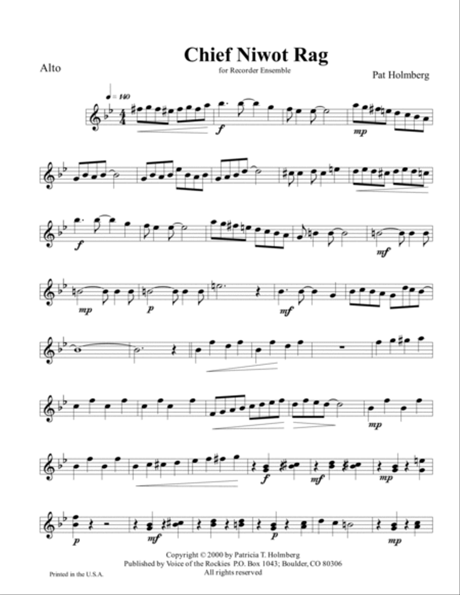 Chief Niwot Rag for Recorder Ensemble - Parts Soprano Recorder scores gallery preview page 6