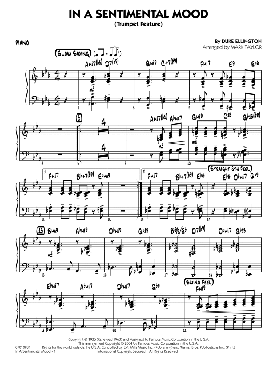 In a Sentimental Mood (arr. Mark Taylor) - Piano Jazz Ensemble scores gallery preview page 1
