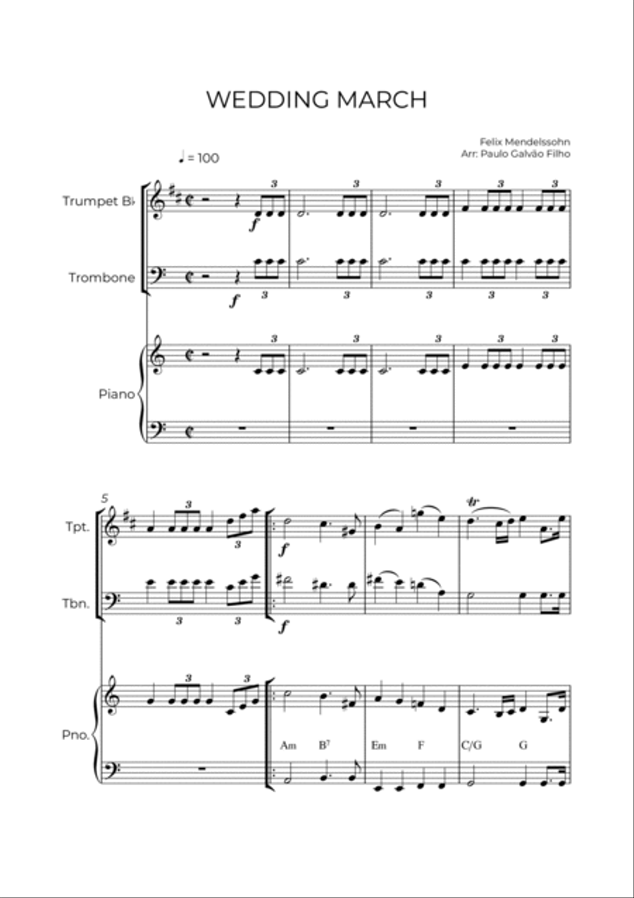 WEDDING MARCH - MENDELSSOHN - BRASS PIANO TRIO (TRUMPET, TROMBONE & PIANO) Brass Duet scores gallery preview page 2