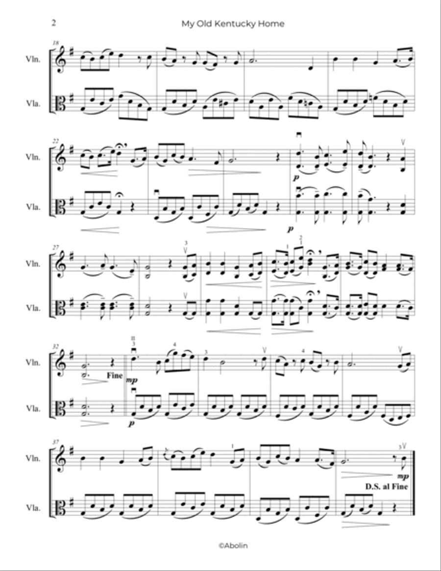 Foster: My Old Kentucky Home - Violin and Viola String Duet scores gallery preview page 3