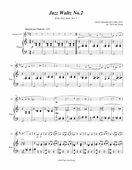 Jazz Waltz No. 2 arranged for Trumpet and Piano