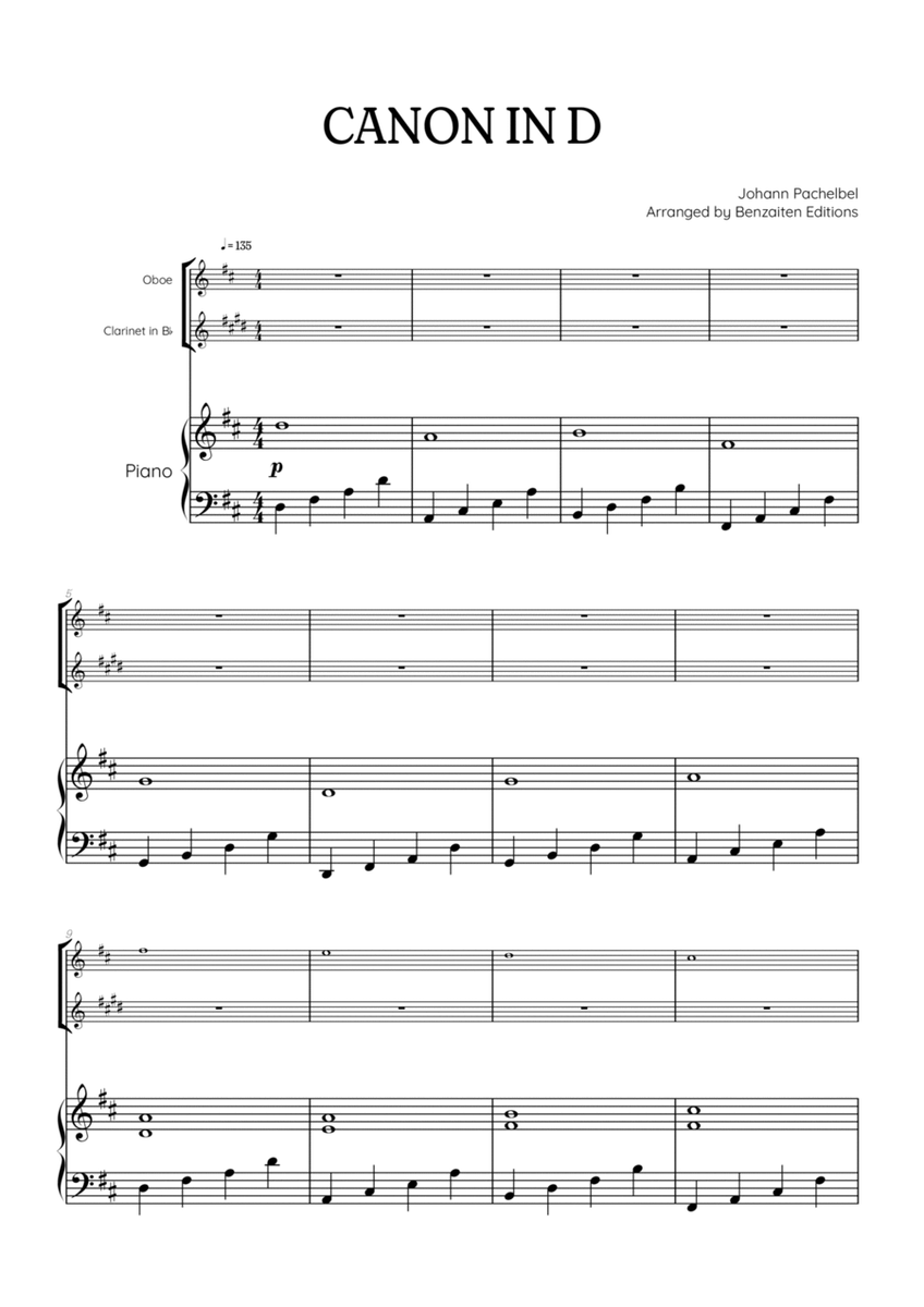 Pachelbel Canon in D • oboe & clarinet duet sheet music w/ piano accompaniment image number null