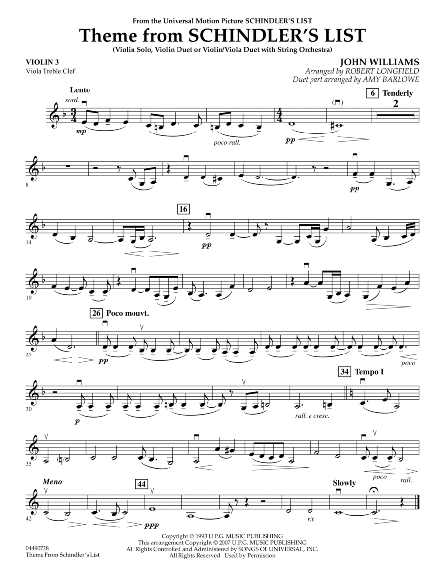 Theme from Schindler's List - Violin 3 (Viola Treble Clef) Orchestra scores gallery preview page 1