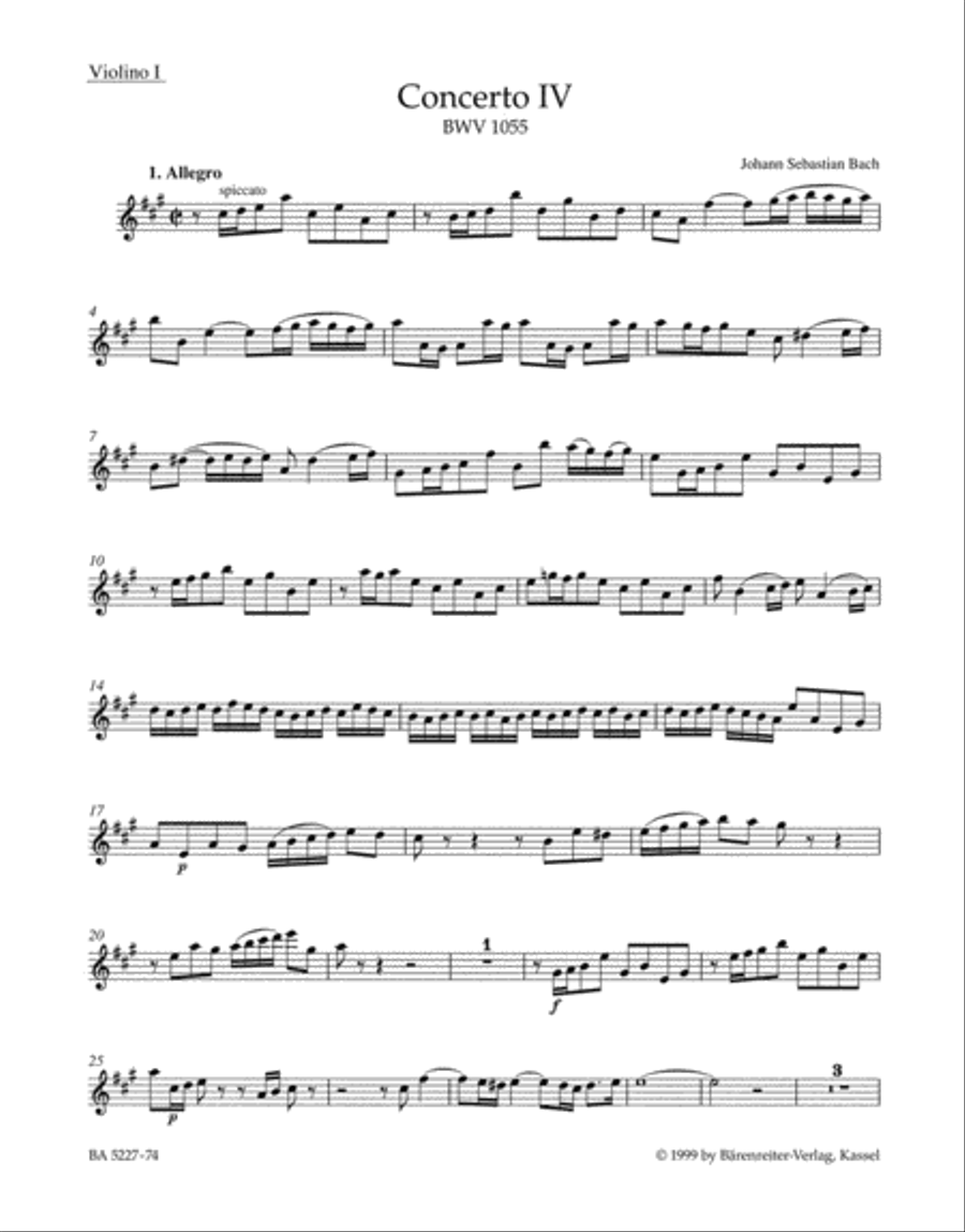 Concerto for Harpsichord and Strings No. 4 A major BWV 1055 Violin scores gallery preview page 1