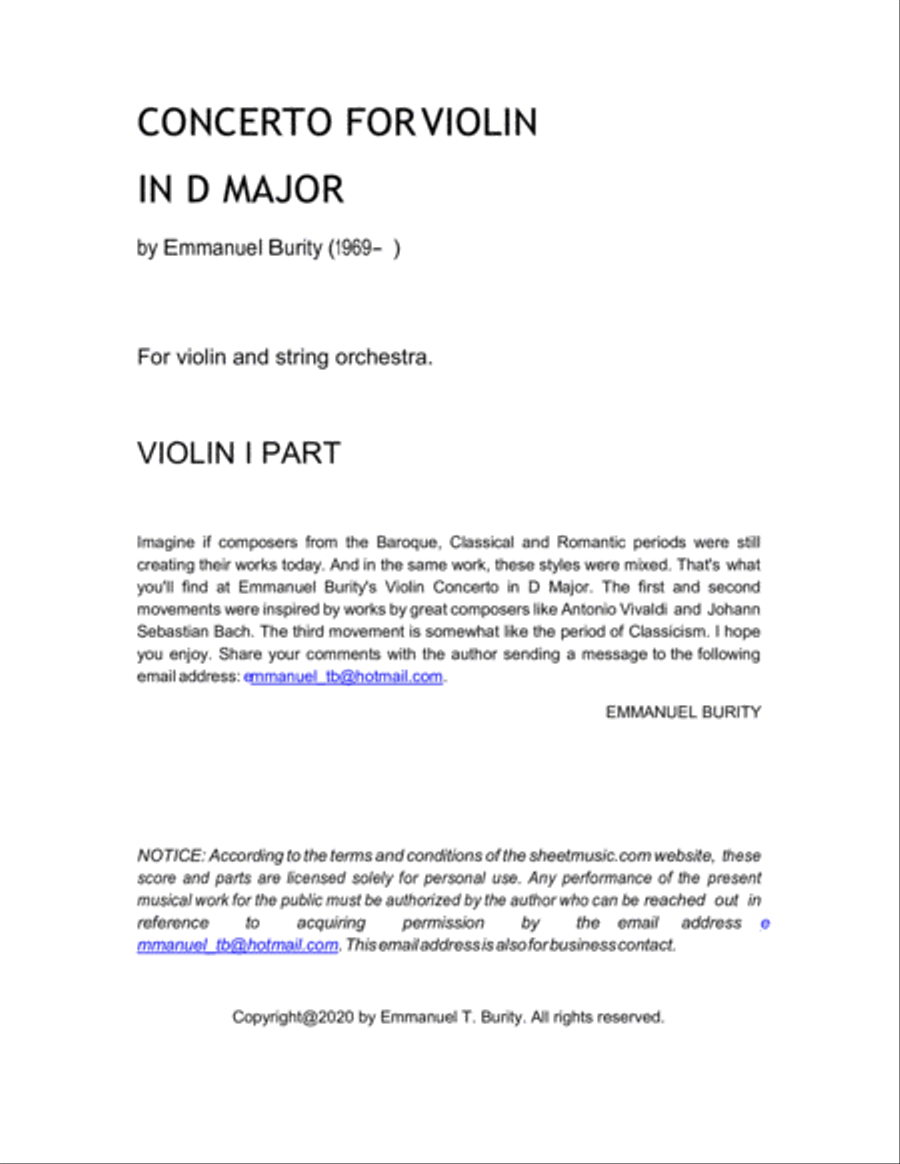 Concerto for Violin in D Major by Emmanuel Burity (1969- ) String Orchestra scores gallery preview page 2