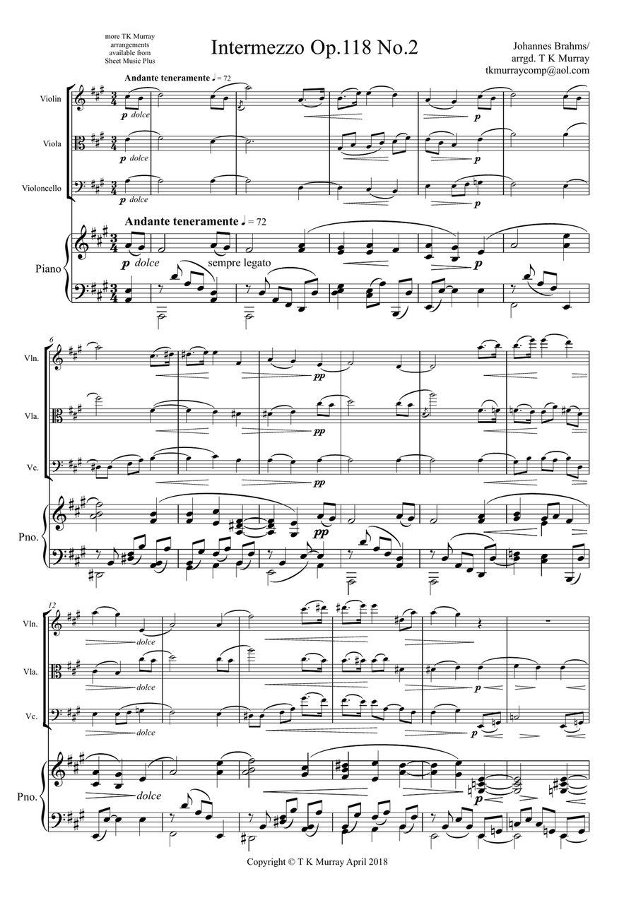 Brahms - Intermezzo Op.118 No.2 - Piano Quartet - Violin Viola Cello Piano Piano Quartet scores gallery preview page 1