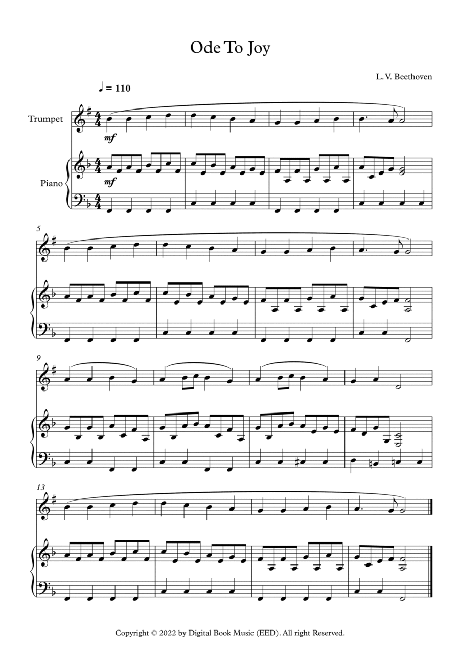 Ode To Joy - Ludwig Van Beethoven (Trumpet + Piano) B-Flat Trumpet scores gallery preview page 1
