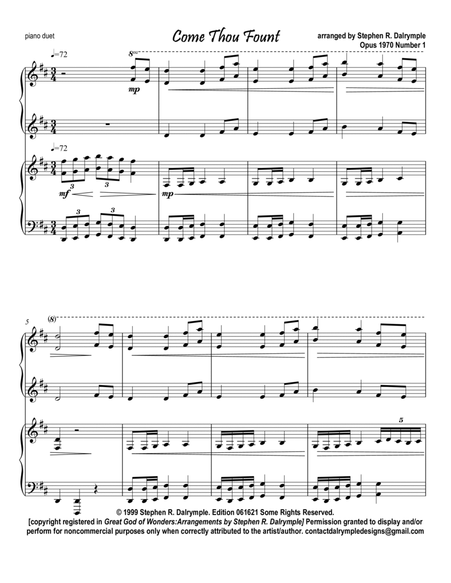 Book cover for Come Thou Fount arranged for Piano Duet (1 piano, 4 hands) by Stephen R Dalrymple