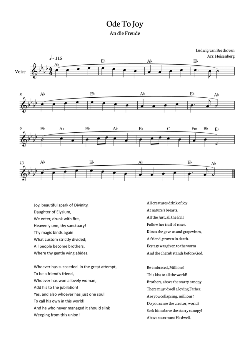 Beethoven - Ode To Joy for voice with chords in Ab (Lyrics in English) image number null