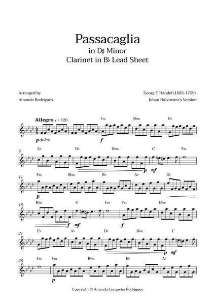 Passacaglia - Easy Clarinet in Bb Lead Sheet in D#m Minor (Johan Halvorsen's Version) image number null