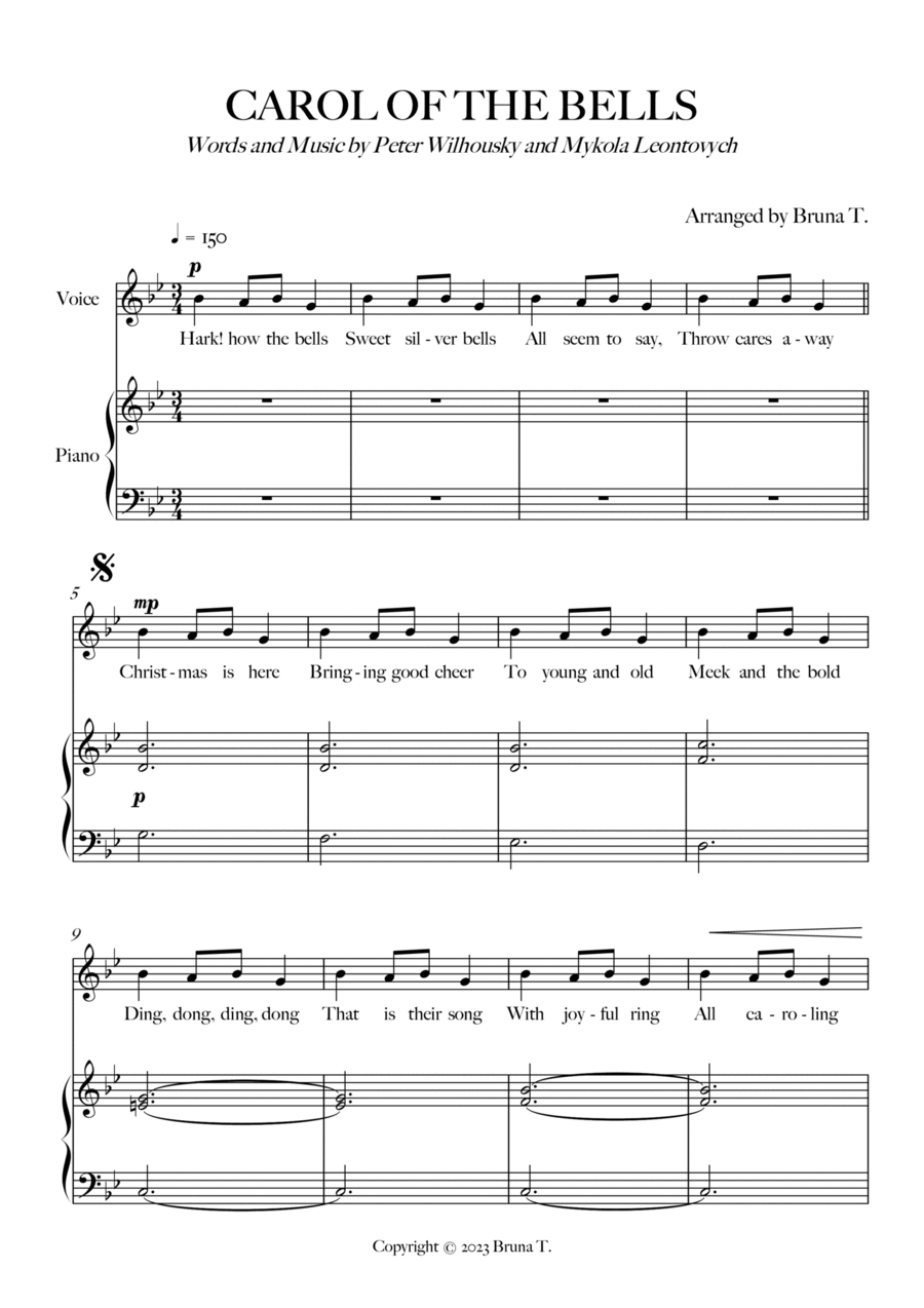 Carol of The Bells (Piano and Voice) Voice scores gallery preview page 1