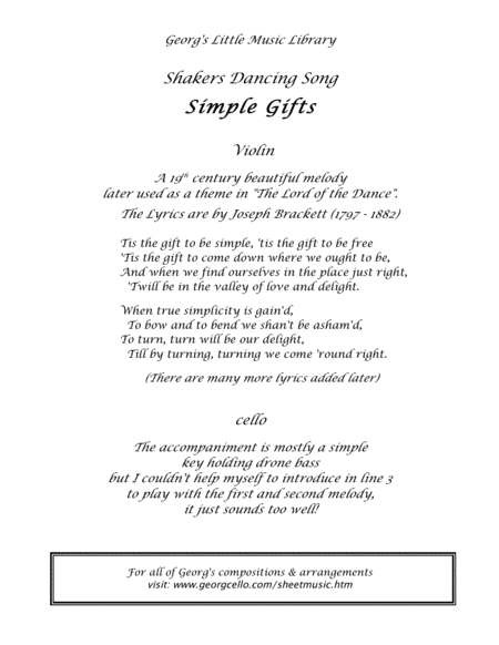 Simple Gifts (Lord of the Dance) for violin & cello