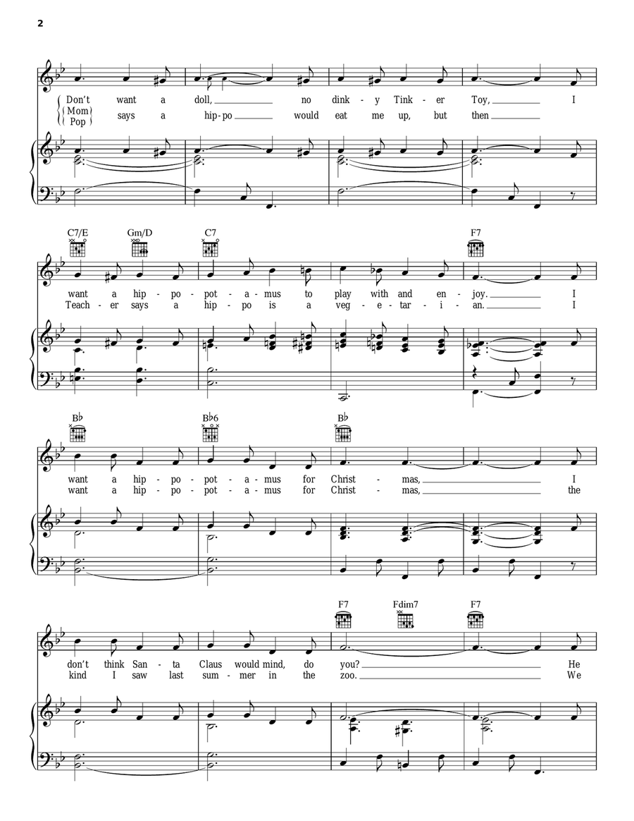 I Want A Hippopotamus For Christmas (Hippo The Hero) Piano, Vocal, Guitar scores gallery preview page 2