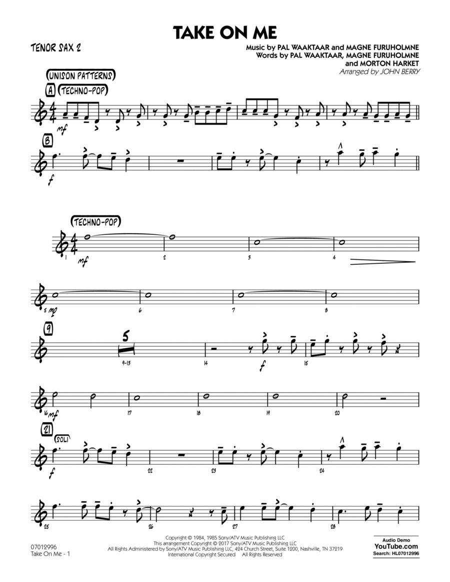 Take on Me - Tenor Sax 2 Tenor Saxophone scores gallery preview page 1