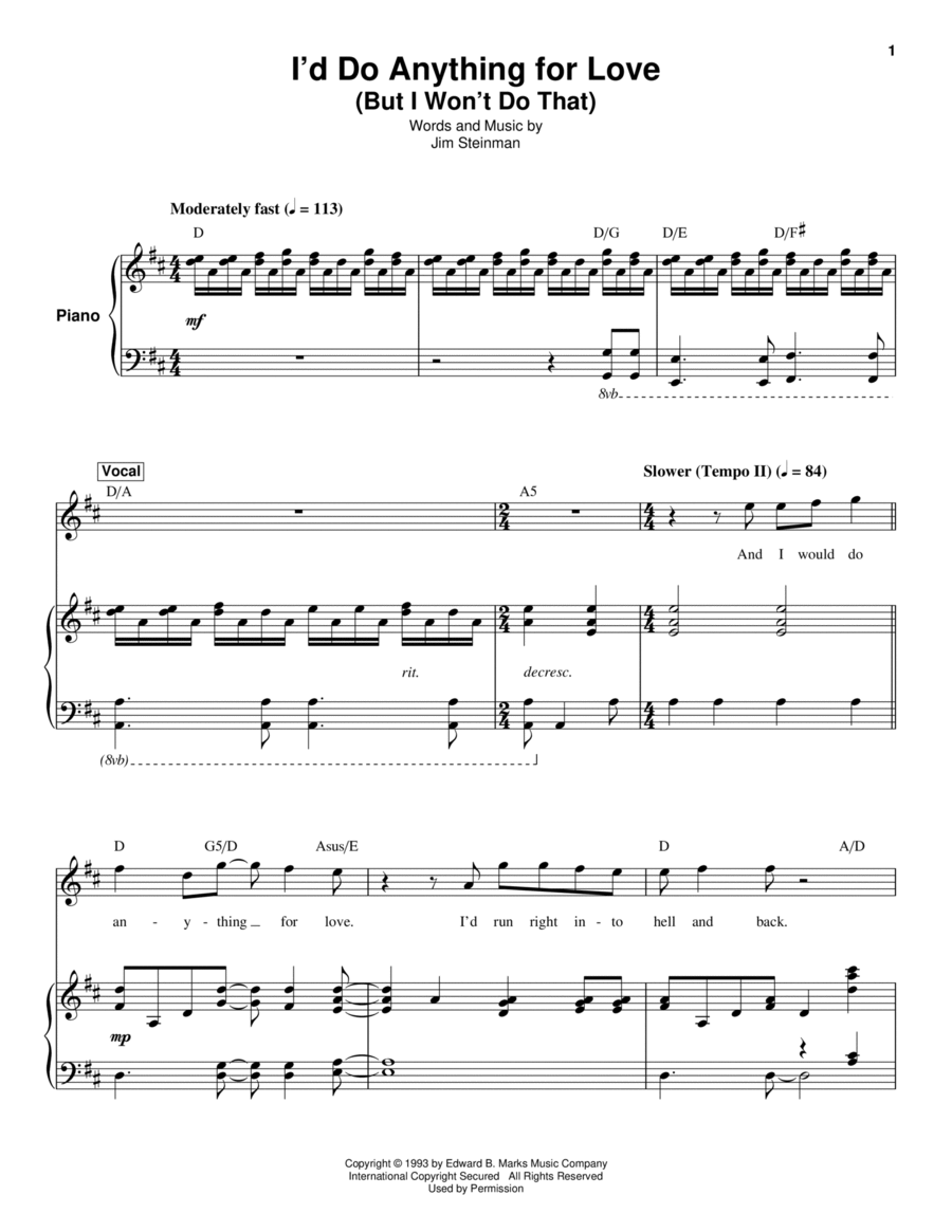 I'd Do Anything For Love (But I Won't Do That) Piano scores gallery preview page 1