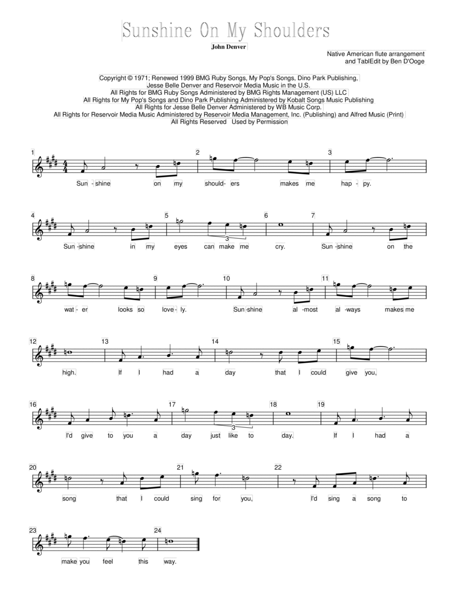 Sunshine On My Shoulders Flute Solo scores gallery preview page 1