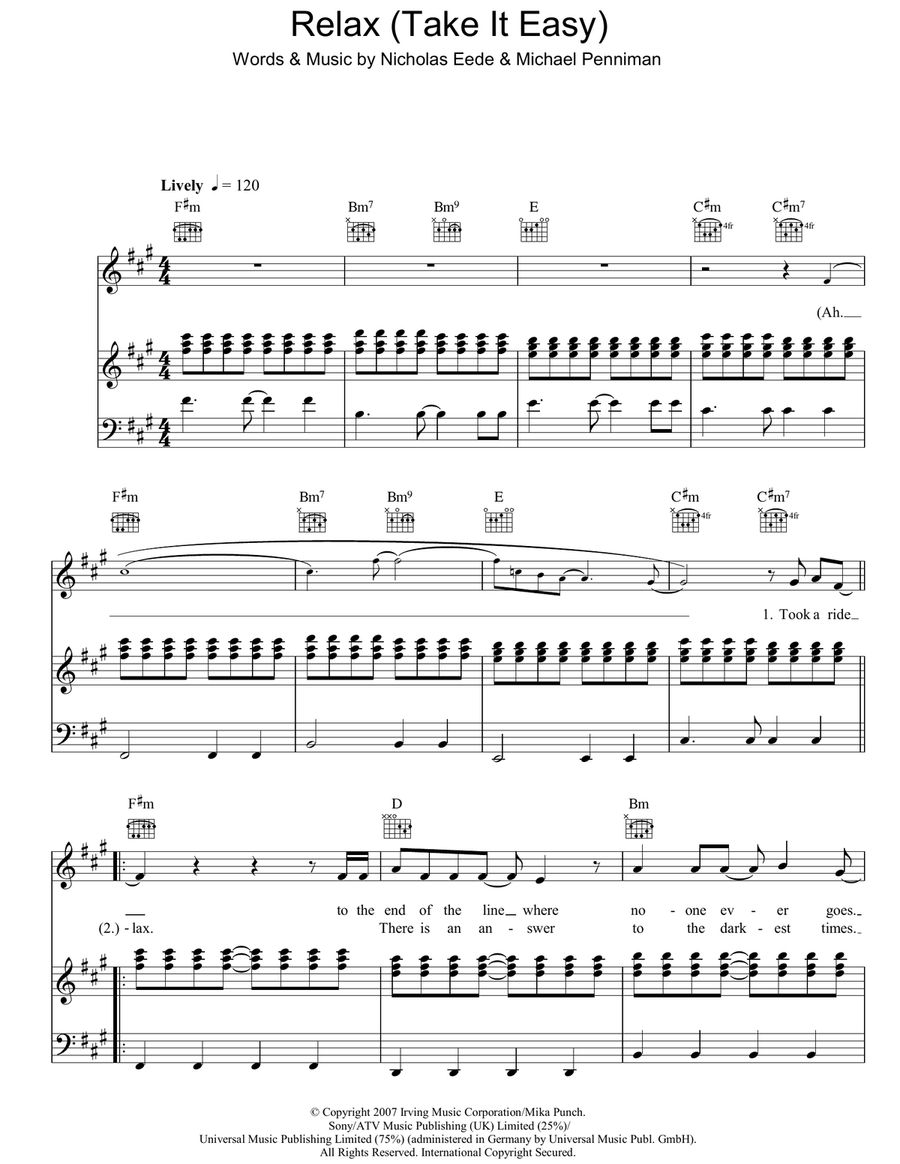 Relax (Take It Easy) Piano, Vocal, Guitar scores gallery preview page 1