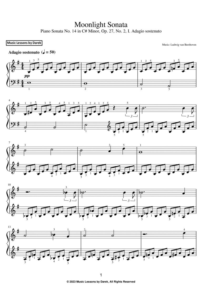 Moonlight Sonata (EASY PIANO) Piano Sonata No. 14 in C# Minor, Op. 27, No. 2, I. Adagio sostenuto image number null