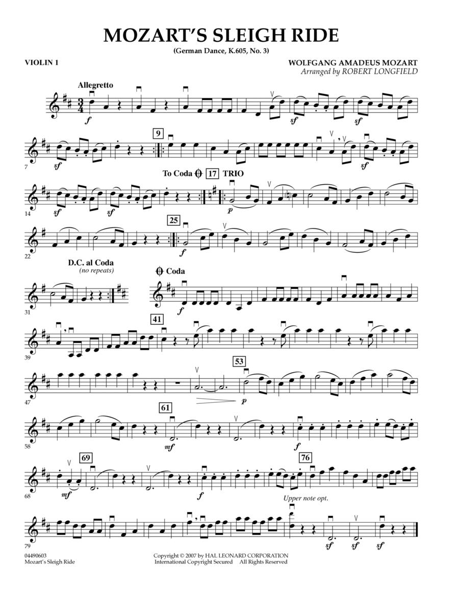 Mozart's Sleigh Ride (German Dance, K.605, No.3) - Violin 1