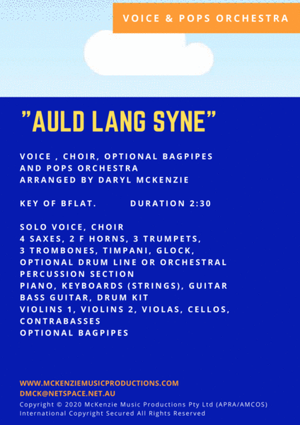Auld Lang Syne - Solo Voice, Choir, Opt. Bagpipes, Pops Orchestra or Big Band Key of Bb image number null
