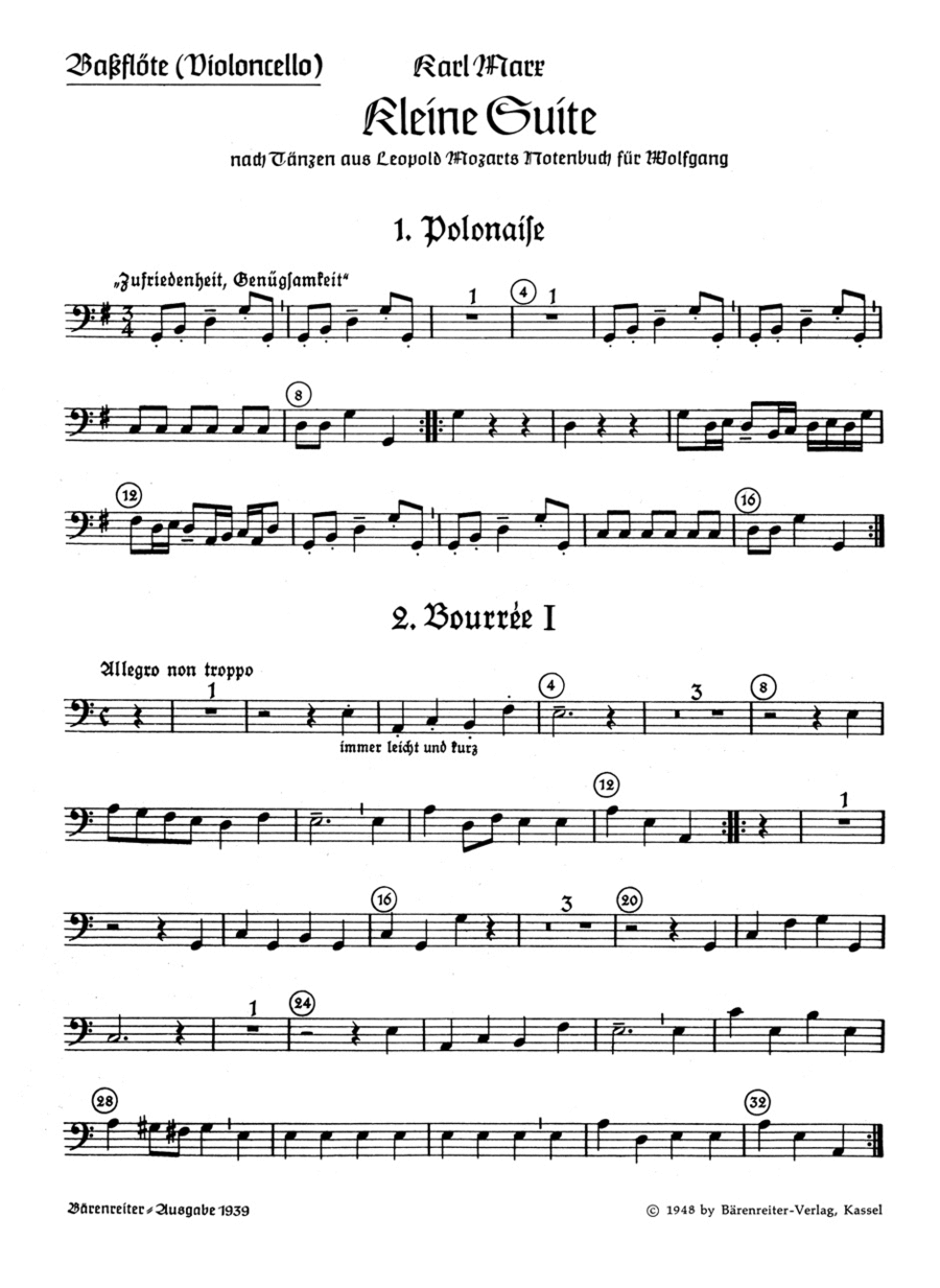 Kleine Suite nach Tänzen aus Leopold Mozarts Notenbuch für Wolfgang für Blockflötenquartett, Streichquartett oder andere Instrumente