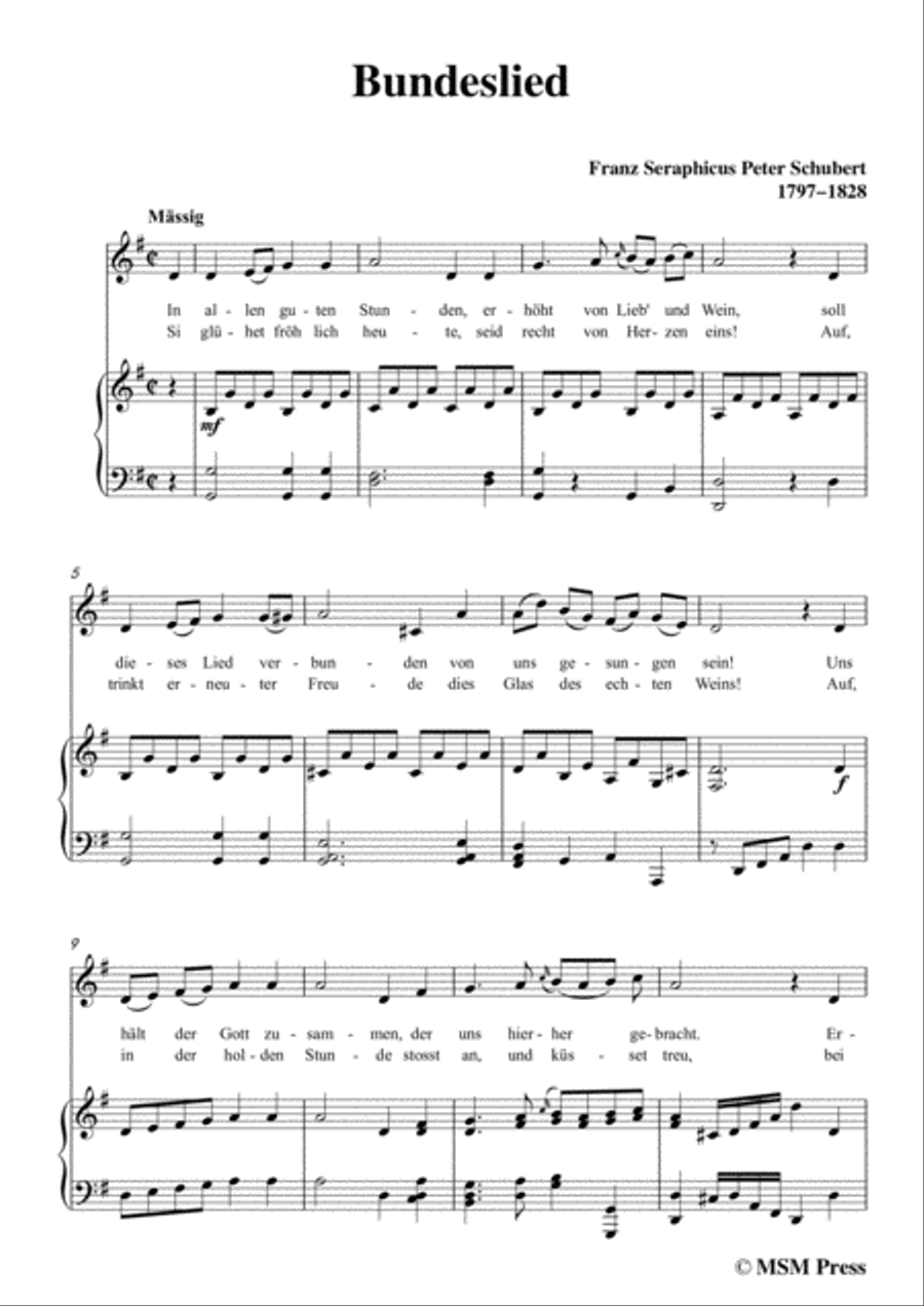 Schubert-Bundeslied,in G Major,for Voice&Piano Voice scores gallery preview page 3