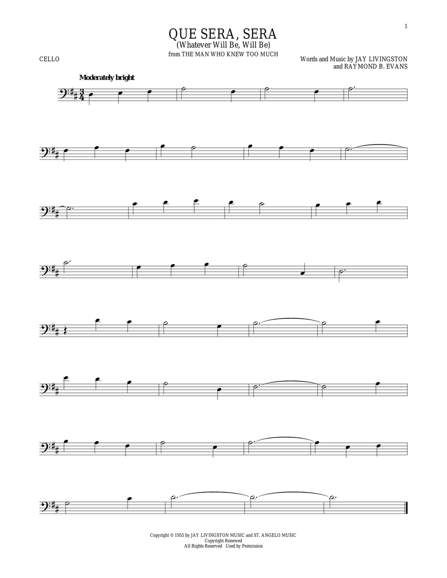 Que Sera, Sera (Whatever Will Be, Will Be) Cello Solo scores gallery preview page 1