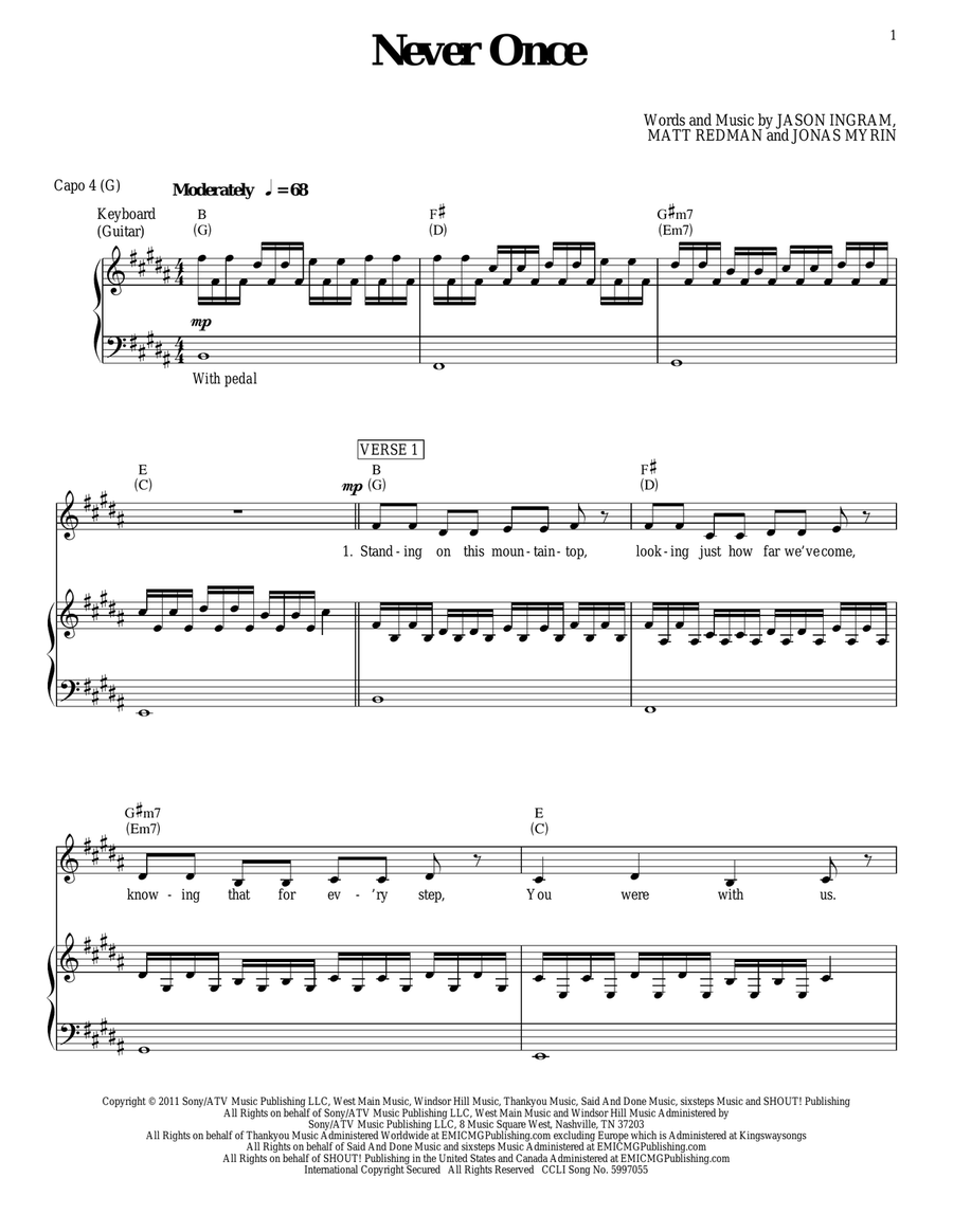 Never Once Never Once Piano, Vocal, Guitar scores gallery preview page 1