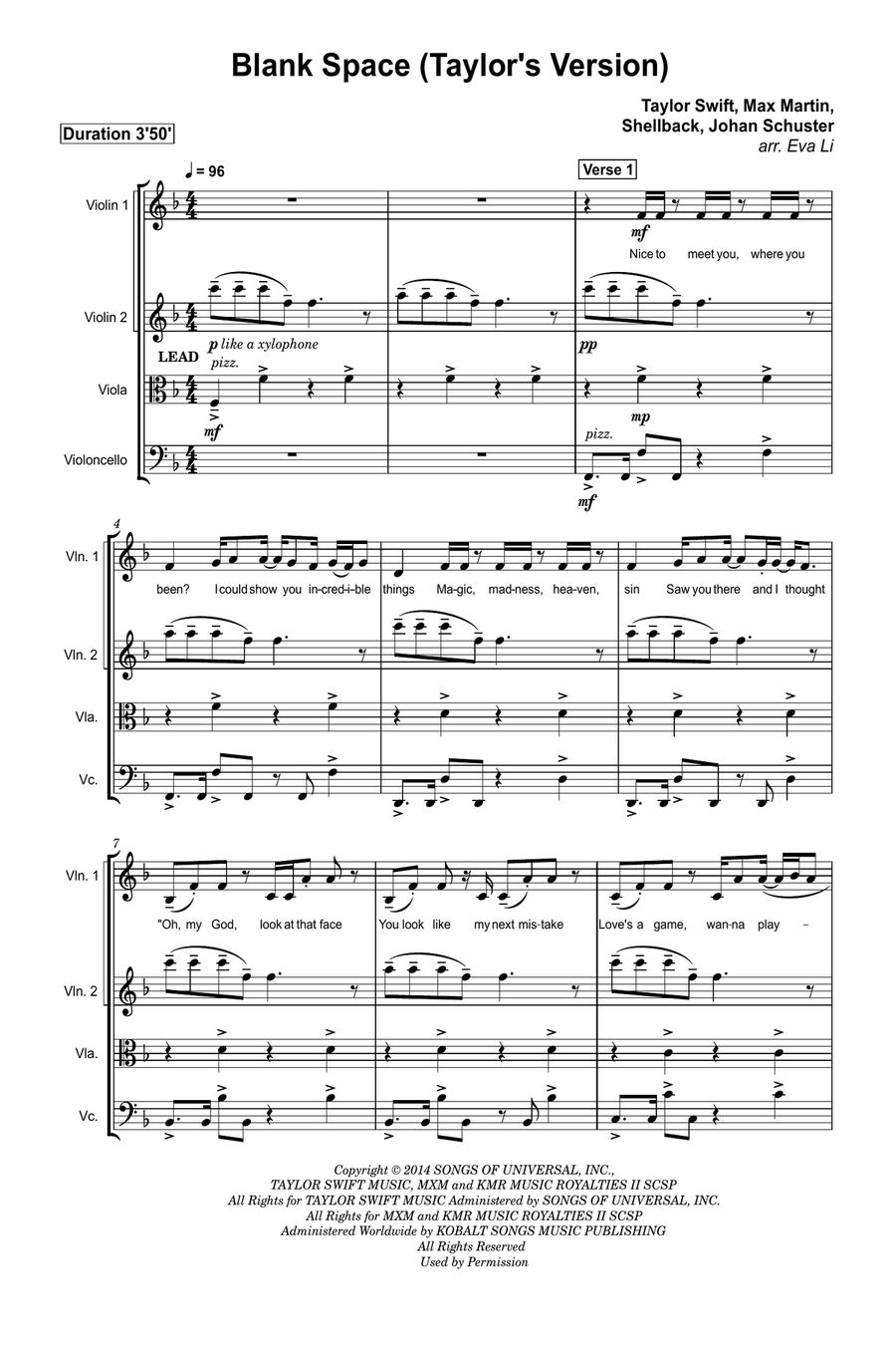 Blank Space String Quartet scores gallery preview page 1
