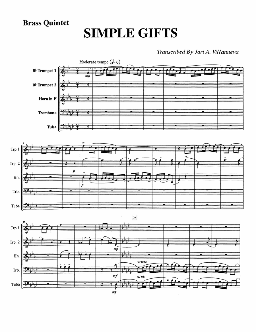 Simple Gifts Shaker Hymn for Brass Quintet Brass Quintet scores gallery preview page 1