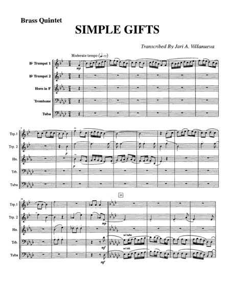 Simple Gifts Shaker Hymn for Brass Quintet by Jari A. Villanueva Brass Quintet - Digital Sheet Music