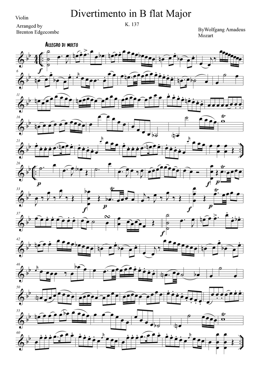 Mozart Divertimento in B flat Major. K. 137, Allegro di Molto and Allegro Assai String Duet scores gallery preview page 1