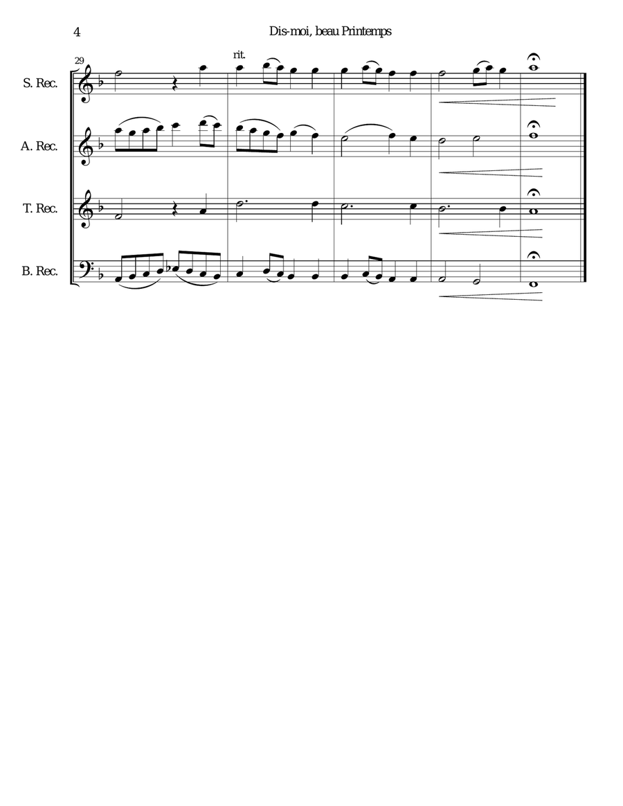Dis-moi, beau printemps (Tell me, lovely Spring) for recorder quartet Small Ensemble scores gallery preview page 4