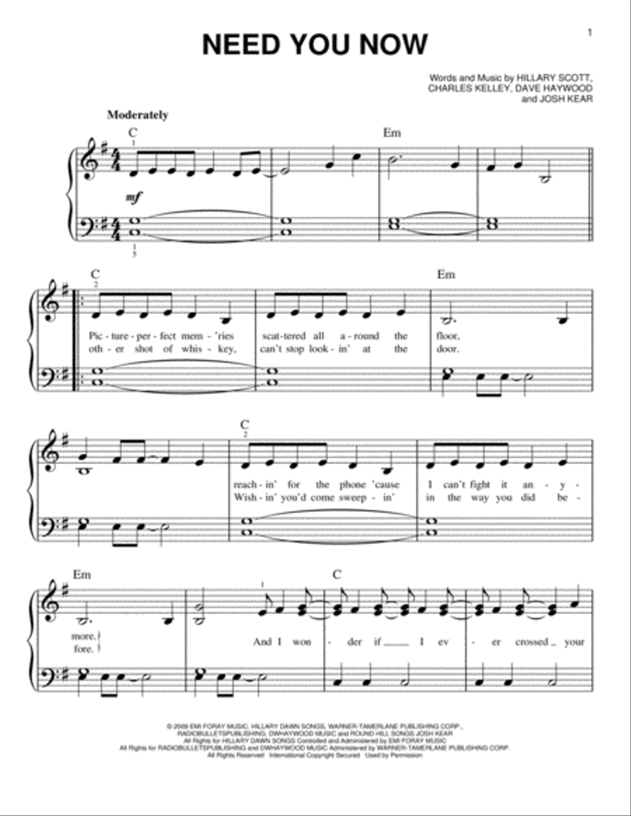 Need You Now Need You Now Easy Piano scores gallery preview page 1