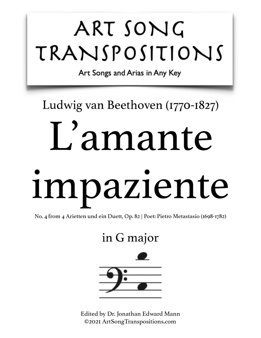 BEETHOVEN: L'amante impaziente, Op. 82 no. 4 (transposed to G major, bass clef) Voice scores gallery preview page 1