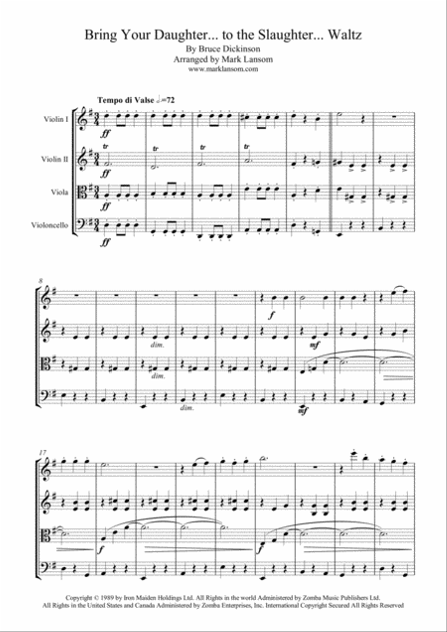 Bring Your Daughter To The Slaughter String Quartet scores gallery preview page 1