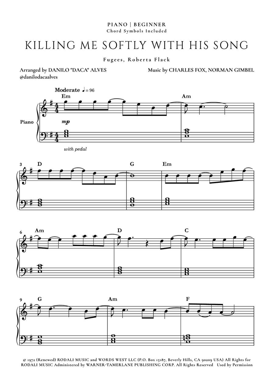 Killing Me Softly With His Song Easy Piano scores gallery preview page 1