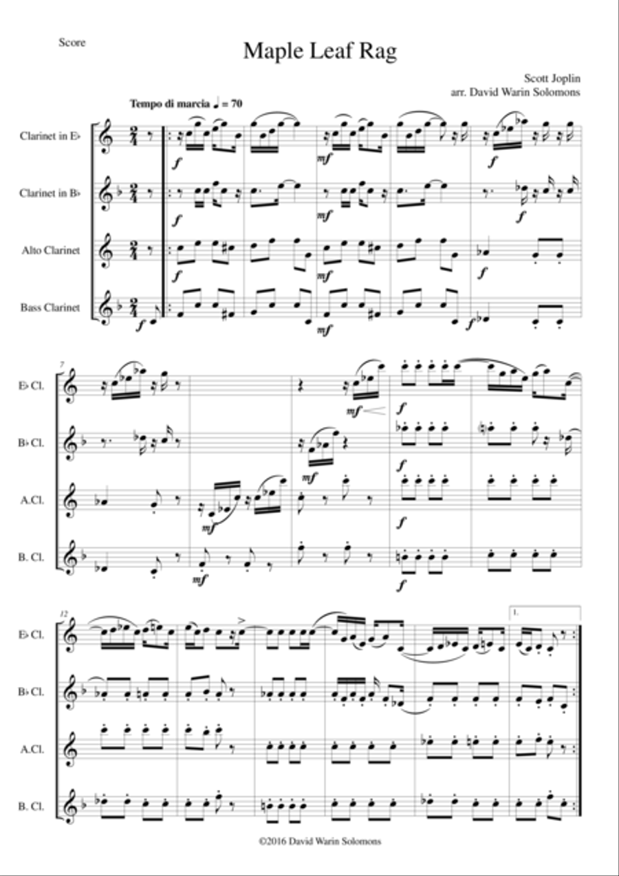 Maple Leaf Rag for clarinet quartet (E flat, B flat, alto and bass) Clarinet Quartet scores gallery preview page 1