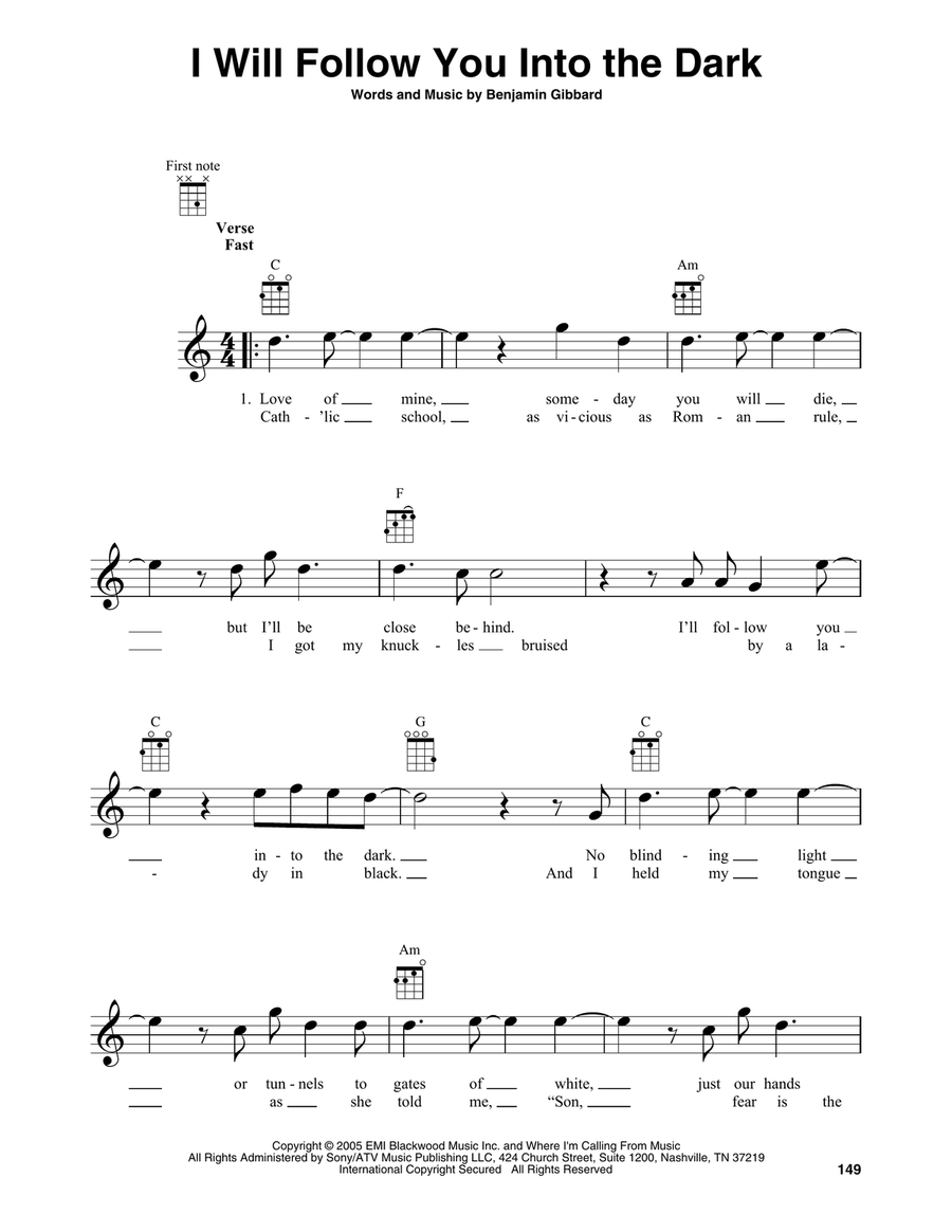 I Will Follow You Into The Dark Baritone Ukulele scores gallery preview page 1