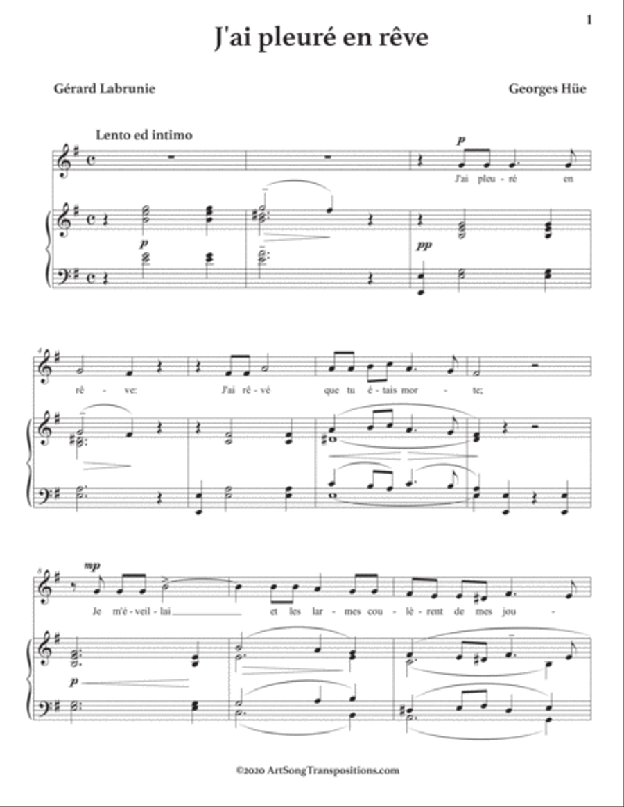 HÜE: J'ai pleuré en rêve (transposed to E minor) Voice scores gallery preview page 2