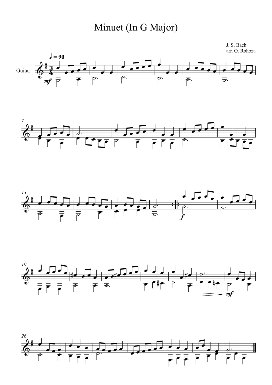 Minuet (In G Major) - Johann Sebastian Bach (Guitar) Acoustic Guitar scores gallery preview page 1