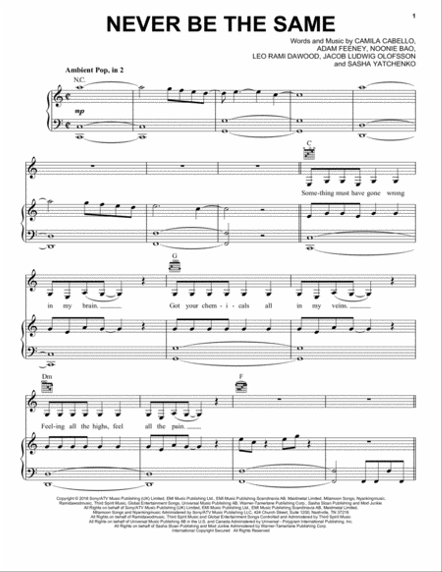 Never Be The Same Piano, Vocal, Guitar scores gallery preview page 1