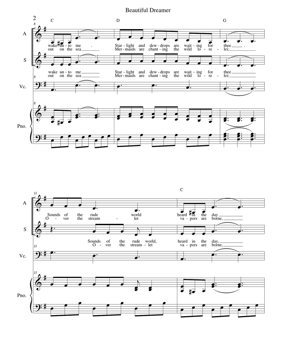 Beautiful Dreamer Key of G for Alto & Soprano Choir scores gallery preview page 2