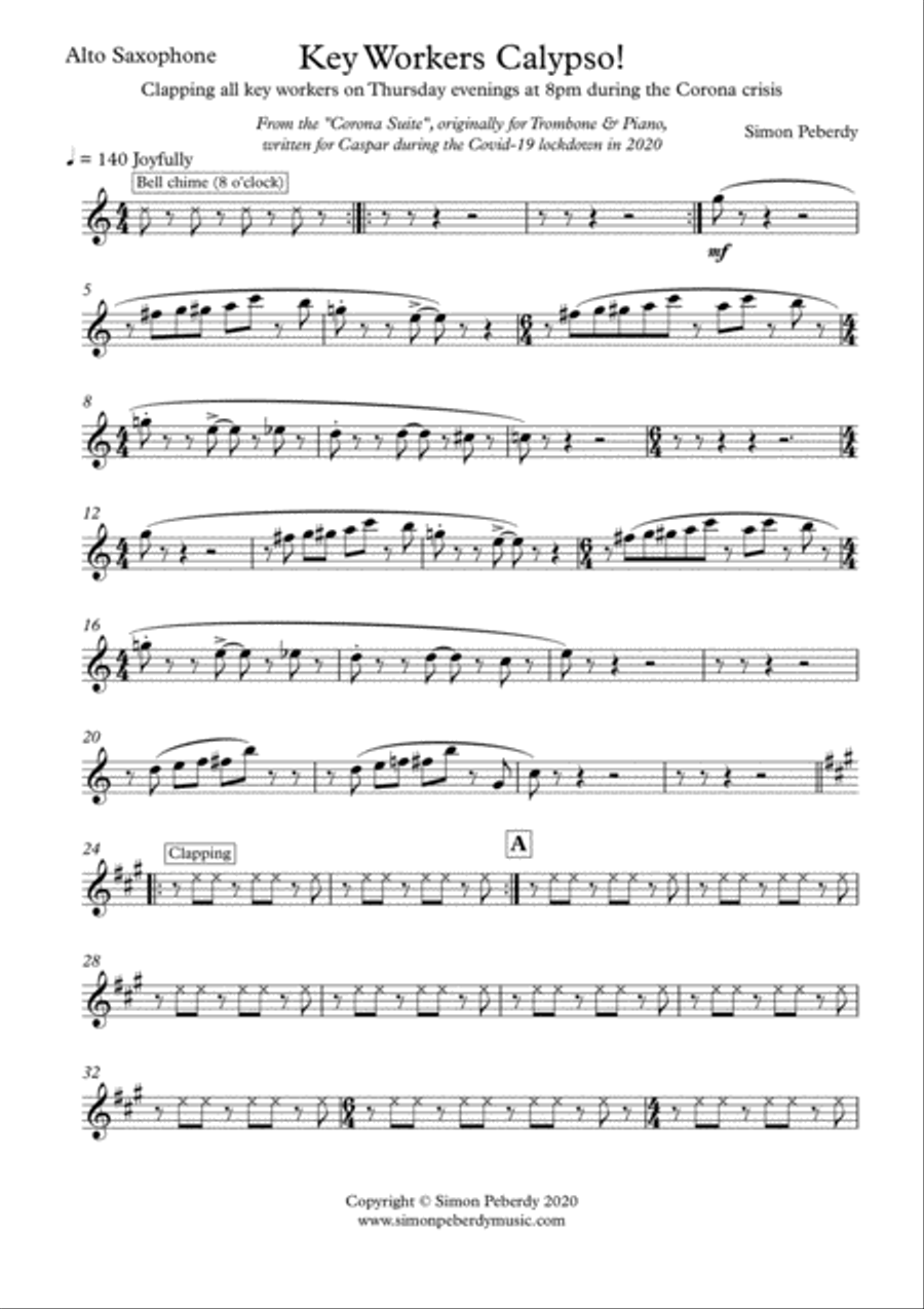 Key Workers Calypso for Alto Sax and Piano from the Corona Suite by Simon Peberdy