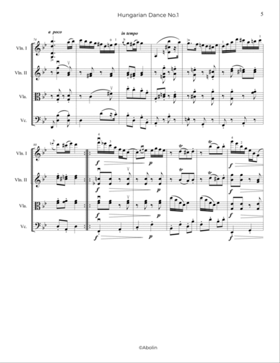 Brahms: Hungarian Dance No.1 - String Quartet String Quartet scores gallery preview page 6