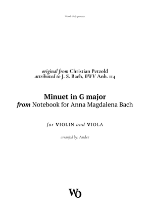 Book cover for Minuet in G major by Bach for Violin and Viola Duet