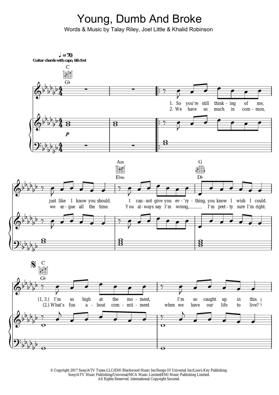 Young, Dumb and Broke Piano, Vocal scores gallery preview page 1