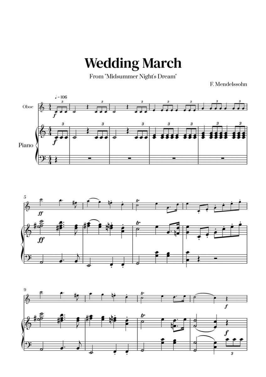Felix Mendelssohn - Wedding March From Midsummer Night's Dream for Oboe and Piano image number null