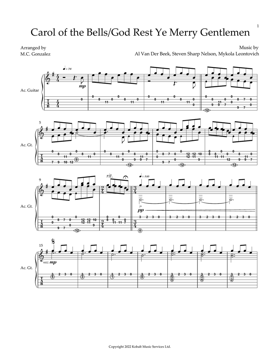 Carol Of The Bells/god Rest Ye Merry Gentlemen Acoustic Guitar scores gallery preview page 1